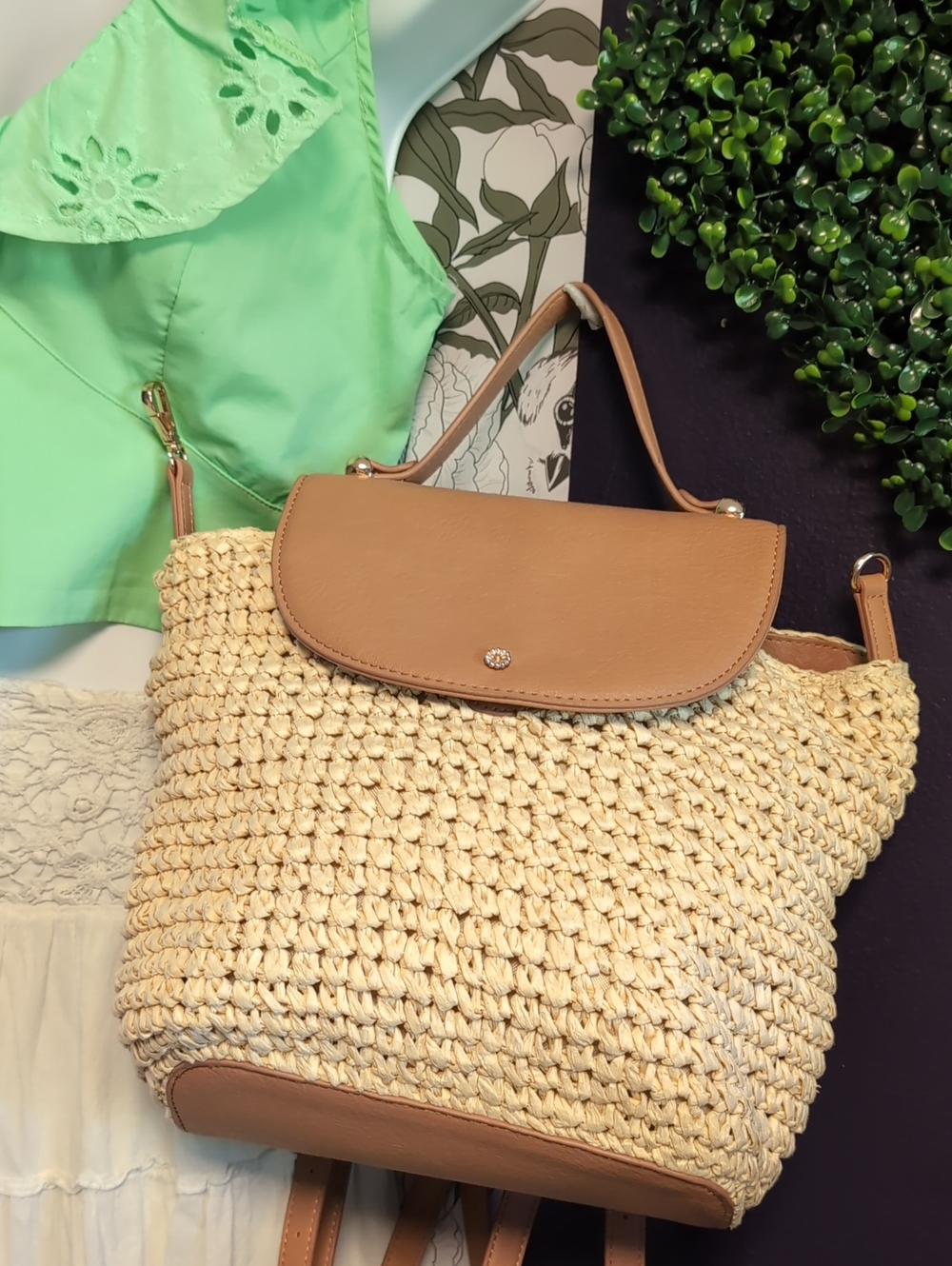 Top Handle Woven Backpack In Camel & Cashew With Rose Gold Details By LC - Picture 3 of 15